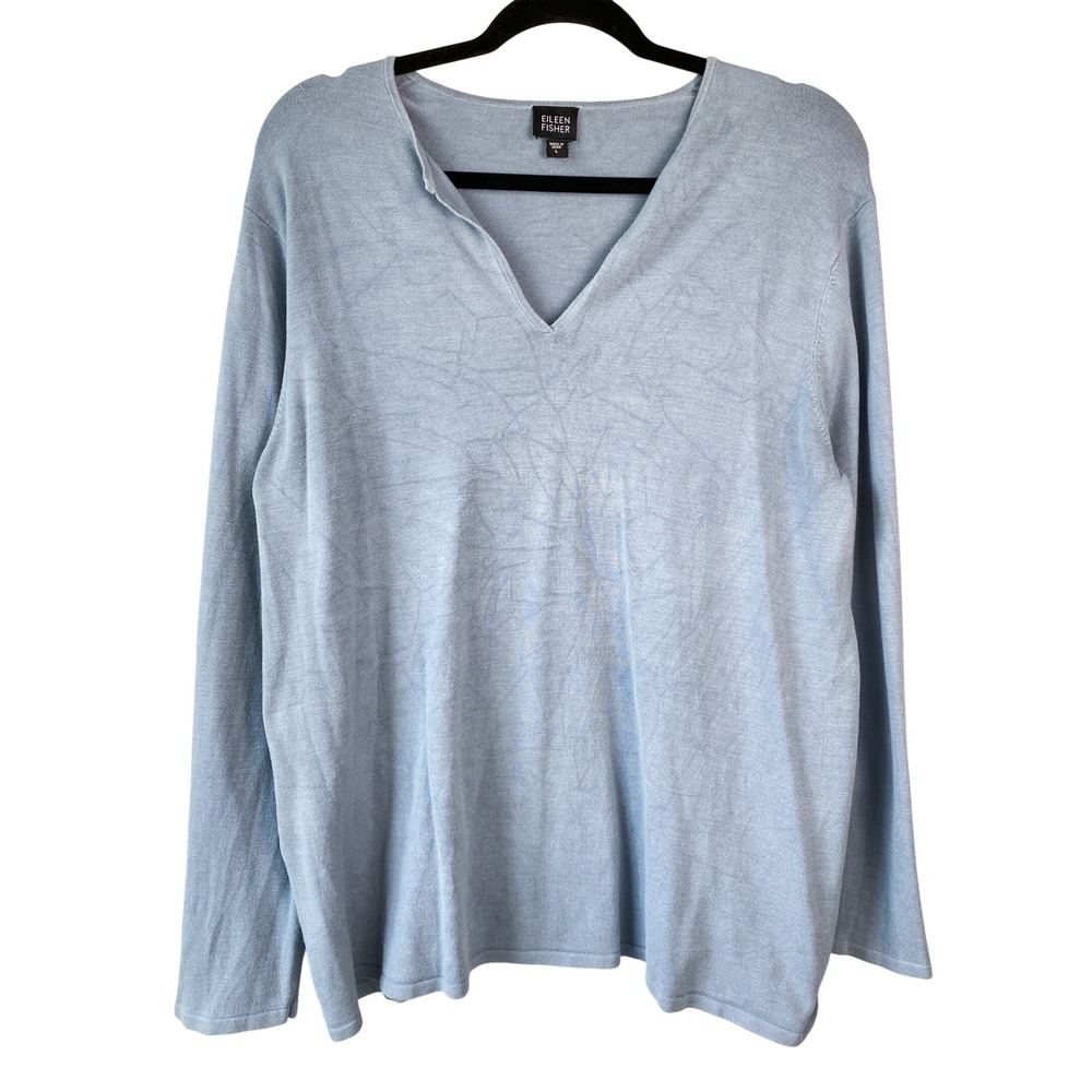 Eileen Fisher Womens Silk Knit Top L Blue Sweater Long Sleeve Texture Minimalist